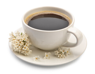 Cup of coffee and lilac sprig isolated on white background.