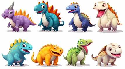 Naklejka premium Dinosaurs cartoon character. Brachiosaurus, pterodactyl, tyrannosaurus rex, dinosaur skeleton, triceratops, stegosaurus. Funny animal 3d vector icon set