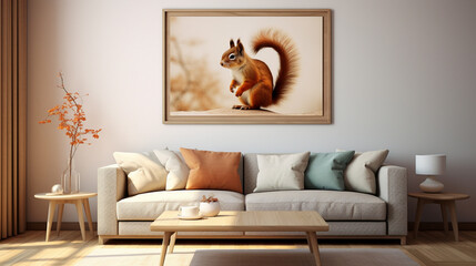 Modern living room interior with cozy sofa, table and squirrel picture, beautiful nature-inspired home design, minimalism