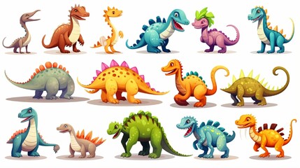 Fototapeta premium Dinosaurs cartoon character. Brachiosaurus, pterodactyl, tyrannosaurus rex, dinosaur skeleton, triceratops, stegosaurus. Funny animal 3d vector icon set