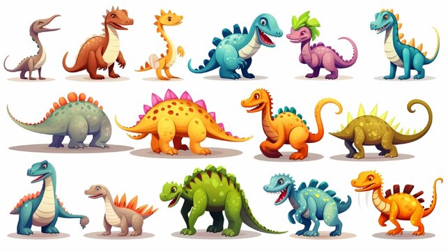 Fototapeta Dinosaurs cartoon character. Brachiosaurus, pterodactyl, tyrannosaurus rex, dinosaur skeleton, triceratops, stegosaurus. Funny animal 3d vector icon set