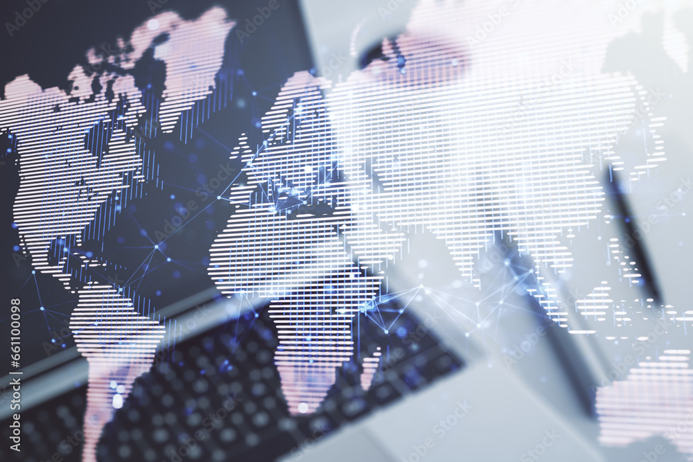 Poster multi exposure of abstract graphic world map on modern computer background, big data and networking 