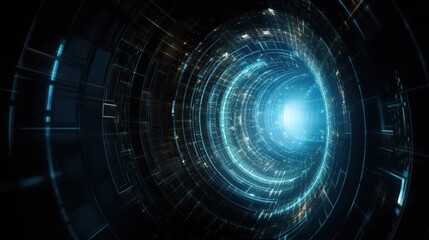 Digital cyberspace tunnel abstract background with copy space. Blue color. Cyber data vortex illustration.