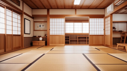 Spacious well lit room for martial arts practicing. Traditional interior for dojo or karate school hall. Indoor background with copy space.