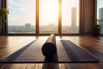 Unrolled yoga mat on wooden floor in bright fitness area or home with large windows and white walls, perfect for exercises and meditation. Generative AI