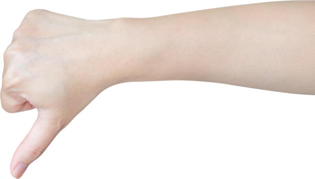 Woman hand gesture thumb down sign isolated on white background