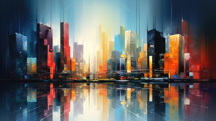 Abstract illustration of a modern cityscape with skyscrapers and reflections (AI)