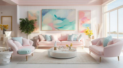 A Cozy and Elegant Living Room Interior in pastel Colors, Perfect for Relaxing and Entertaining