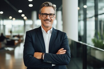 Fototapeta premium Portrait of a happy young casual businessman at office arm crossed