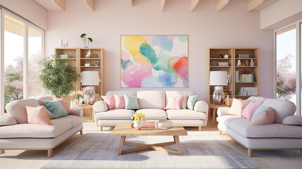 A Cozy and Elegant Living Room Interior in pastel Colors,  with colorful artwork painting photo frame.  Perfect for Relaxing and Entertaining