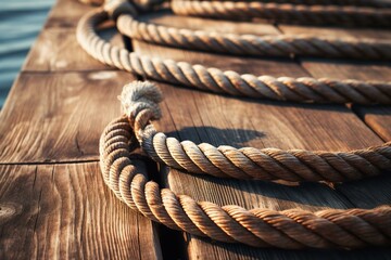 Closeup ropes wooden deck. Generative AI
