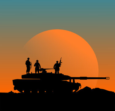Vektor Silhouette Panzer mit Soldaten und Waffen - Militär Einsatz Truppe