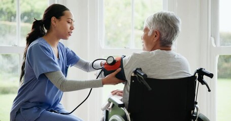 Blood pressure, nurse and senior woman in wheelchair for medical care, wellness and service. Healthcare, retirement home and caregiver with heart rate machine on person with disability for cardiology - Powered by Adobe