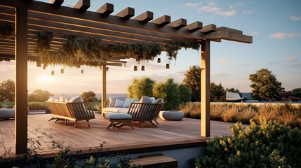 Teak wooden deck with decor furniture and ambient lighting. Side view of garden pergola with gas grill at twilight - obrazy, fototapety, plakaty