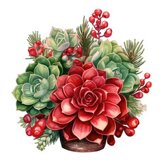 Christmas holiday succulent cactus arrangement. Watercolor illustration, isolated on transparent background