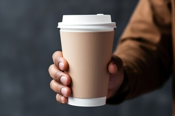 Hand holding a white disposable take away paper coffee cup on white, copy space for text