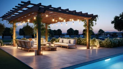 Photo sur Plexiglas Jardin Teak wooden deck with decor furniture and ambient lighting. Side view of garden pergola with gas grill at twilight