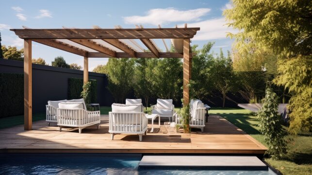 Teak wooden deck with decor furniture and ambient lighting. Side view of garden pergola with gas grill at twilight