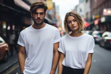 Man and woman wearing blank white t-shirt - obrazy, fototapety, plakaty