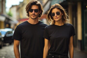 Man and woman wearing blank black t-shirt - obrazy, fototapety, plakaty