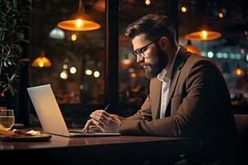 Happy male entrepreneur working on a laptop in the cafe