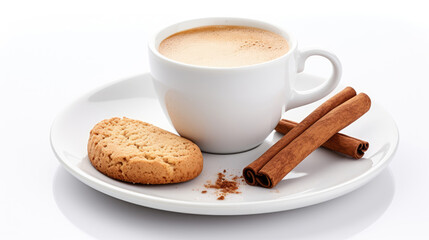 A cup of espresso with oatmeal cookies and cinnamon on a white background