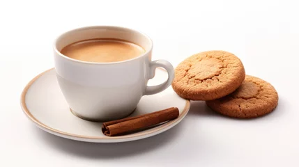 Foto op Canvas A cup of espresso with oatmeal cookies and cinnamon on a white background © Veniamin Kraskov