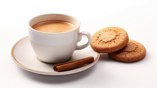 A cup of espresso with oatmeal cookies and cinnamon on a white background