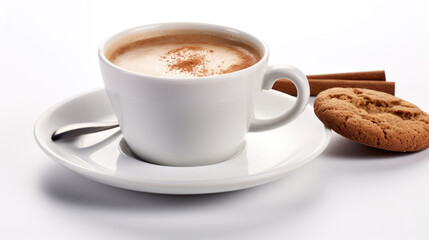A cup of espresso with oatmeal cookies and cinnamon on a white background