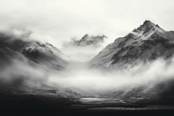 Stunning misty mountain top in captivating black and white. Generative AI