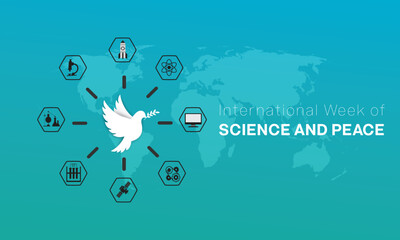 International Week of Science and Peace design. It features a white dove surrounded by science element and application. Vector illustration