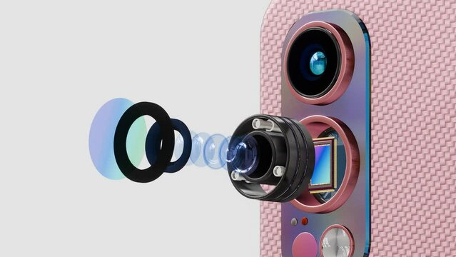 Pink Gold Smartphone with Dual Camera and Optic Elements and Sensor, Exploded View with Rotation, 3D Rendering