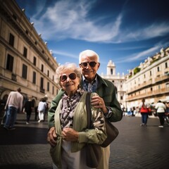 Fototapeta premium Seventy and Thriving: A Vibrant Elderly Couple Rediscovers History in Europe, Infusing Their Retirement with Boundless Enthusiasm.