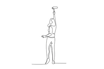 A woman paints a house. Painter one-line drawing