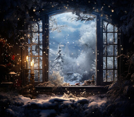 Winter Wonderland, A Serene Snow-Covered Forest View from a Cozy Cottage's Window,