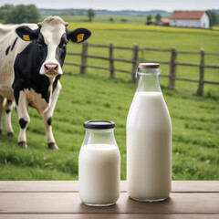 Dos botellas de leche sobre una mesa junto a una vaca negra y blanca en un campo con una granja a lo lejos  - obrazy, fototapety, plakaty