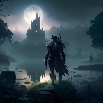 a lone leather armor wearing elf approaches a sinister swamp fortress pale moon illuminates the scenery through drifting mist 