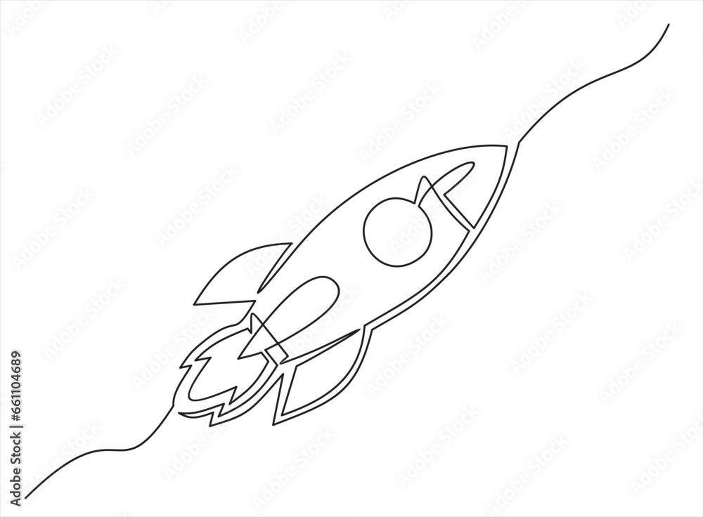 Poster one continuous line drawing of simple retro spacecraft flying up to the outer space nebula. rocket s