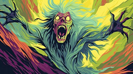 A colorful drawing of an evil creature from a horror story. Scary drawn character. Creepy grimace of a scary undead creature. - obrazy, fototapety, plakaty