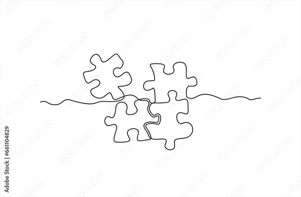 Poster continuous single line drawing of four puzzle pieces. problem solving and solution business metaphor