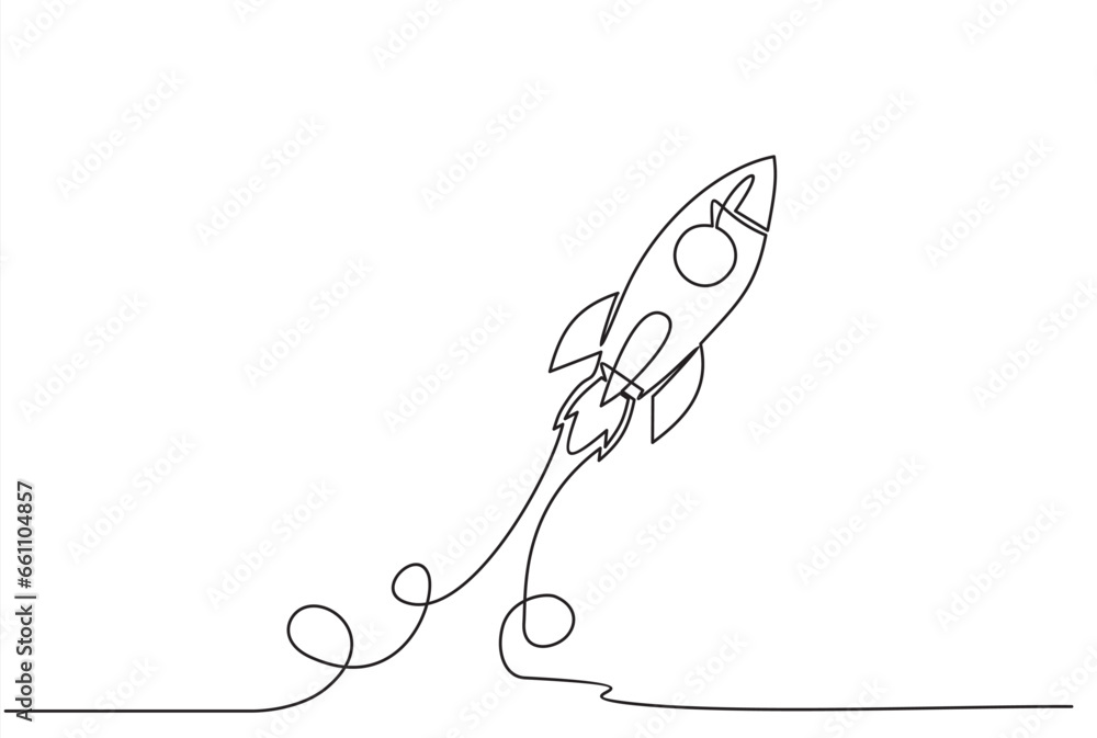 Poster one continuous line drawing of simple retro spacecraft flying up to the outer space nebula. rocket s