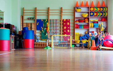 Children recreation sport hall with parquet floor and multicolored equipment for relaxation...