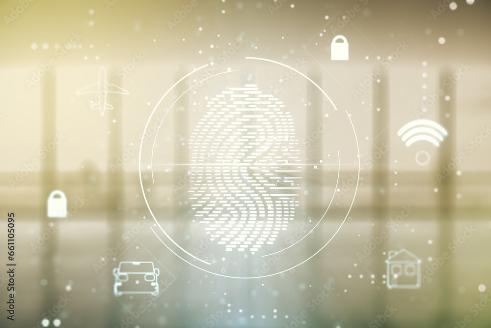 Fototapete multi exposure of virtual fingerprint scan interface on empty modern office background, digital acce