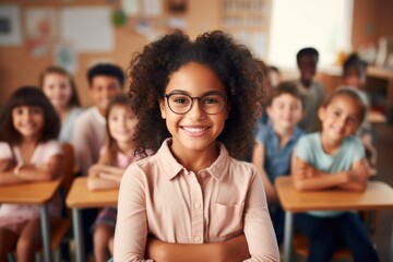 Portrait of a student in elementary school. in the classroom with other children.