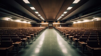 Illustration of spacious hall for lectures and presentations. Big conference room indoor background.