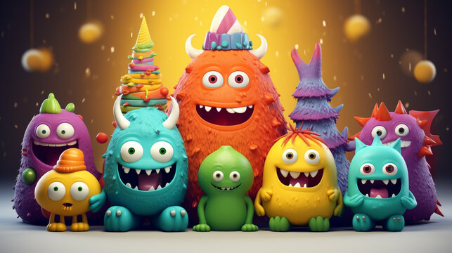 COLORFUL CHRISTMAS CARD WITH LAUGHING HAPPY CARTOON MONSTERS, HORIZONTAL IMAGE. image created by legal AI