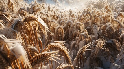 Illustration of frozen snow covered field with wheat. Spoiled rye crop. Outdoor snowy landscape. Farming background. - Powered by Adobe