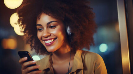 Obraz premium AFRICAN AMERICAN HAPPY GIRL TALKING TO FRIEND USING SMARTPHONE. HORIZONTAL IMAGE. image created by legal AI