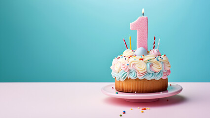 1st year birthday cake on isolated colorful pastel background - obrazy, fototapety, plakaty