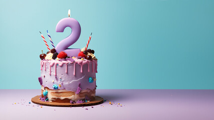 2nd year birthday cake on isolated colorful pastel background - obrazy, fototapety, plakaty